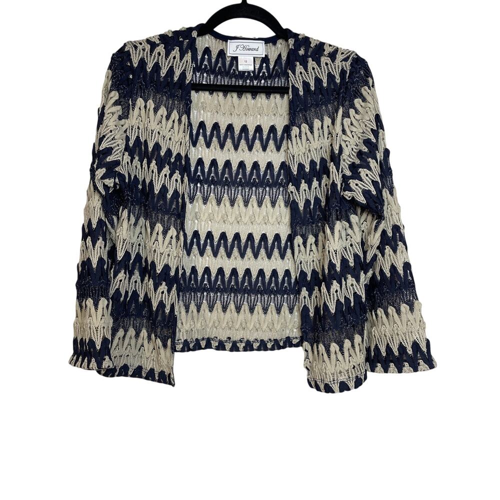 Jessica Howard Open Cardigan/Jacket -Women's Sz 12 - Navy & Beige Sheer